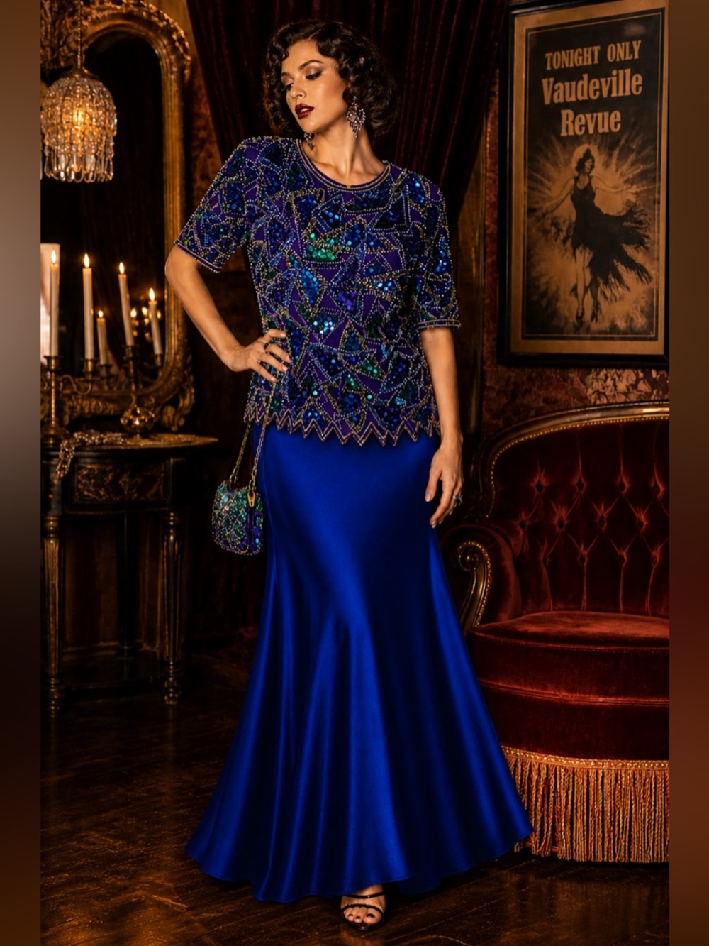 💜 Vintage Beaded Silk Majestic Purple & Royal Blue Art Deco Glam L (Fits M)